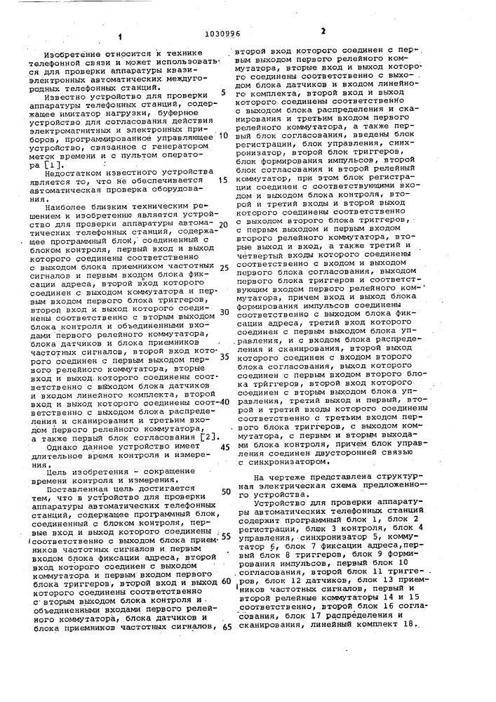 Устройство для проверки аппаратуры автоматических телефонных станций (патент 1030996)
