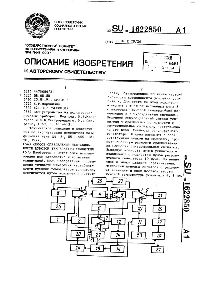 Способ определения нестабильности шумовой температуры усилителя (патент 1622850)