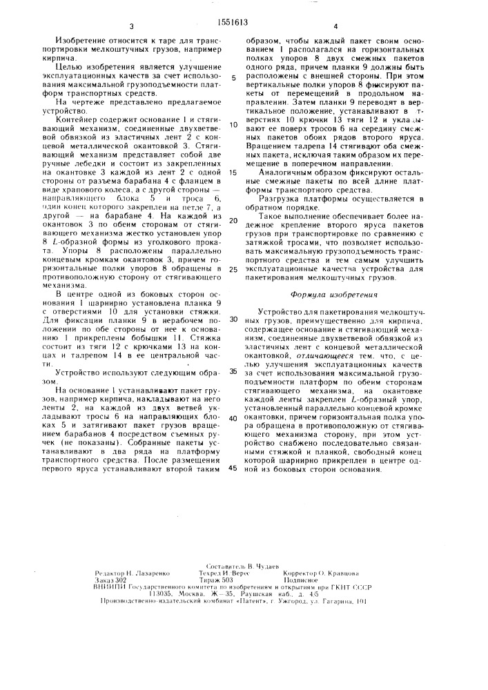 Устройство для пакетирования мелкоштучных грузов (патент 1551613)