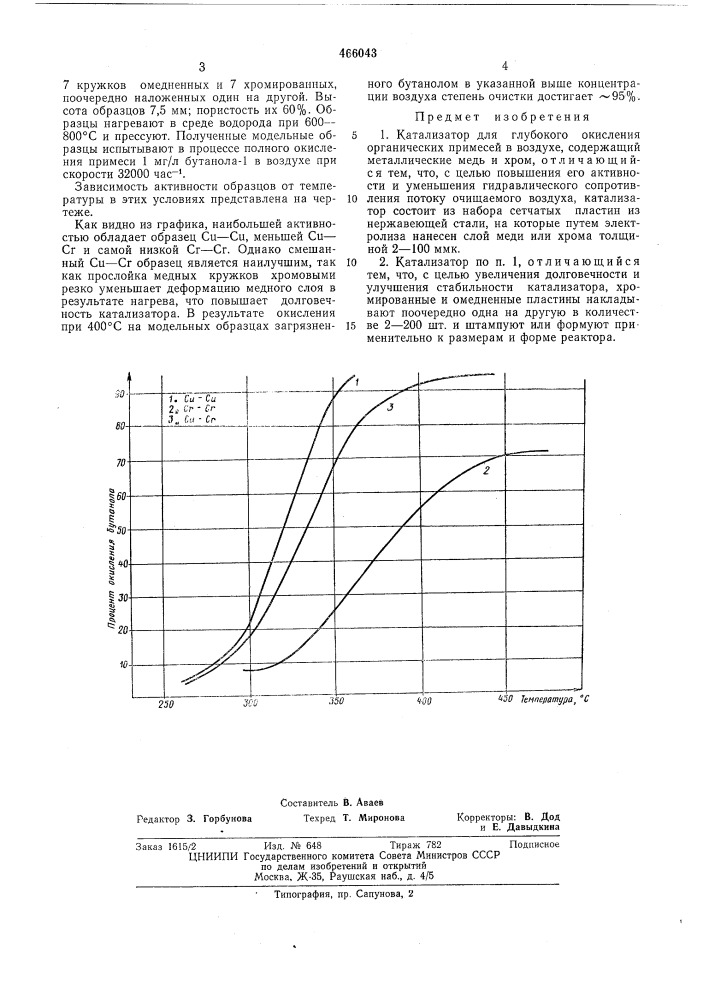 Катализатор для глубокого окисления органических примесей в воздухе (патент 466043)