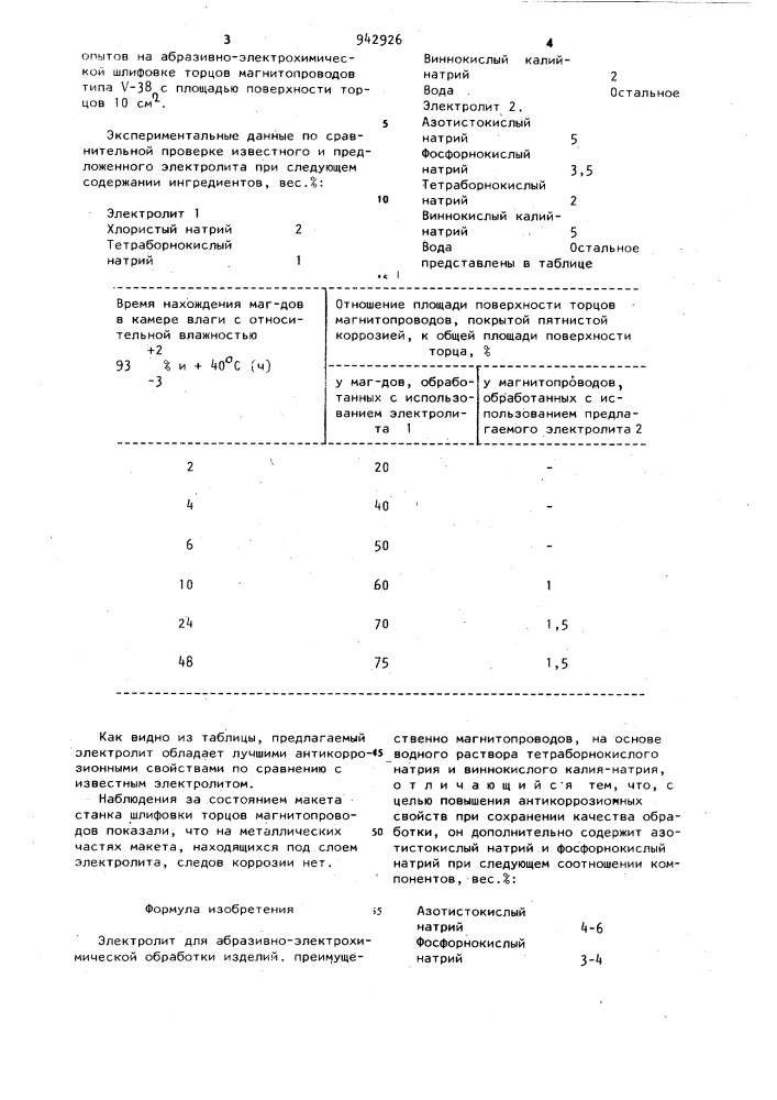 Электролит для абразивно-электрохимической обработки (патент 942926)