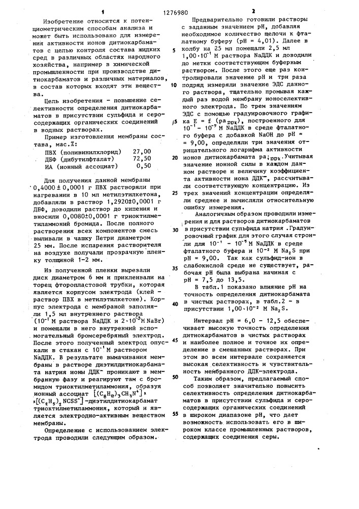 Потенциометрический способ определения дитиокарбаматов (патент 1276980)