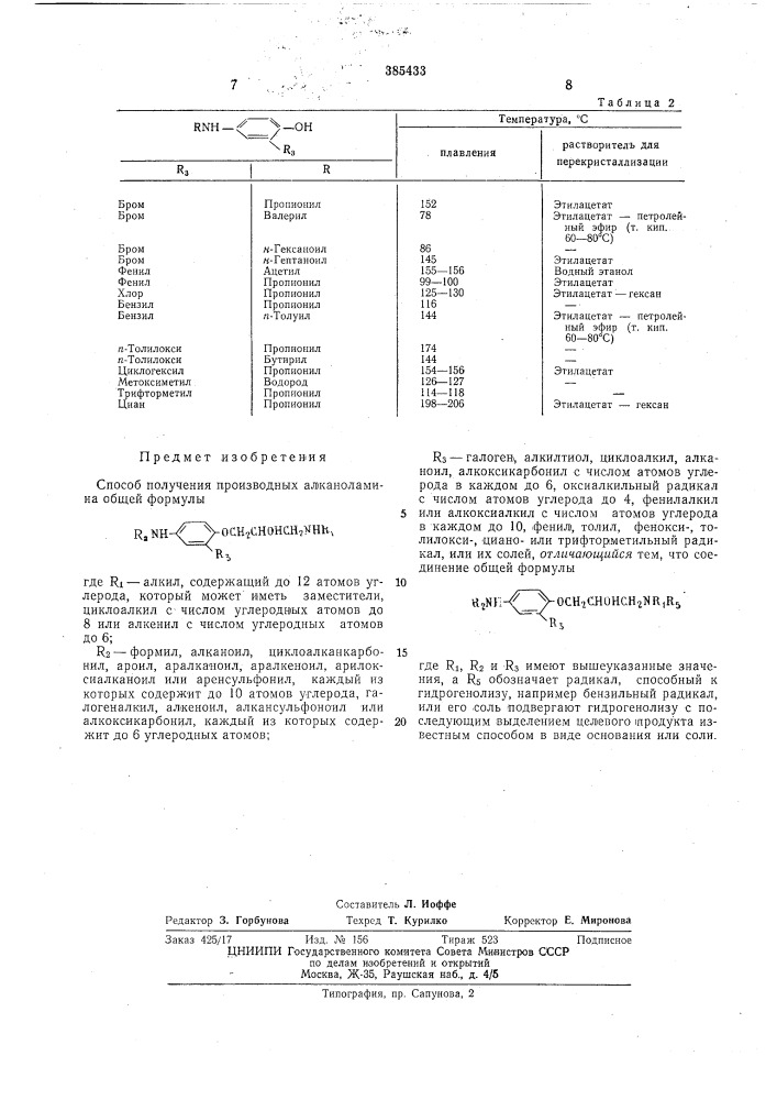 О/ \101520предлагается способ получения производных алканоламина. общей формулыti ^nh -&lt;(z/'- осн^снонснгннк, ^r?.где ri — алкил, содержащий до 12 атомов углерода, который может иметь заместители, циклоалкил с числом углеродных атомов до 8 или алкенил с числом атомов углерода до 6;r2-—формил, алканоил, циклоалканкарбонил, ароил, аралканоил, аралкеноил, арилоксиалканоил или аренсульфонил, каждый из которых содержит до 10 атомов углерода, галогеналкил, алкеноил, алкансульфоноил ил^ алкоксикарбонил, каждый из которых содержит до 6 атомов углерода;ra — галоген, алкилтиол, циклоалкил, алка 25 ноил, алкоксикарбонил с числом атомов углерода в каждом до 6, оксиалкильный радикал с числом атомов углерода до 4, фенилалкил: или алкоксиалкил с числом атомов углерода в каждом до 10, фенил, толил, фенокси-, толил- 30 окси-, цианоили трифторметильный радикал. (патент 385433)