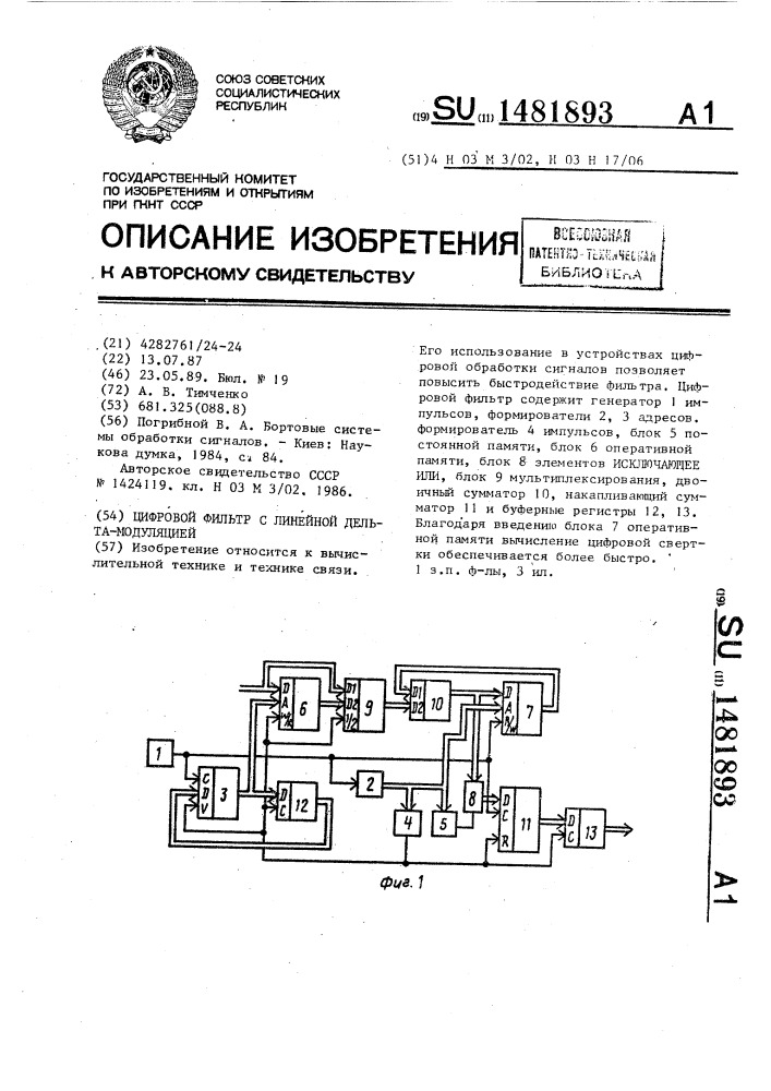 Цифровой фильтр с линейной дельта-модуляцией (патент 1481893)