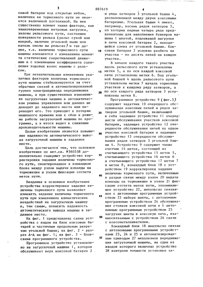 Программное устройство обслуживания коксовых печей и затворов угольной башни (патент 887619)