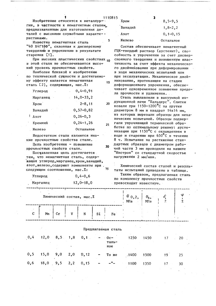 Немагнитная сталь (патент 1110815)