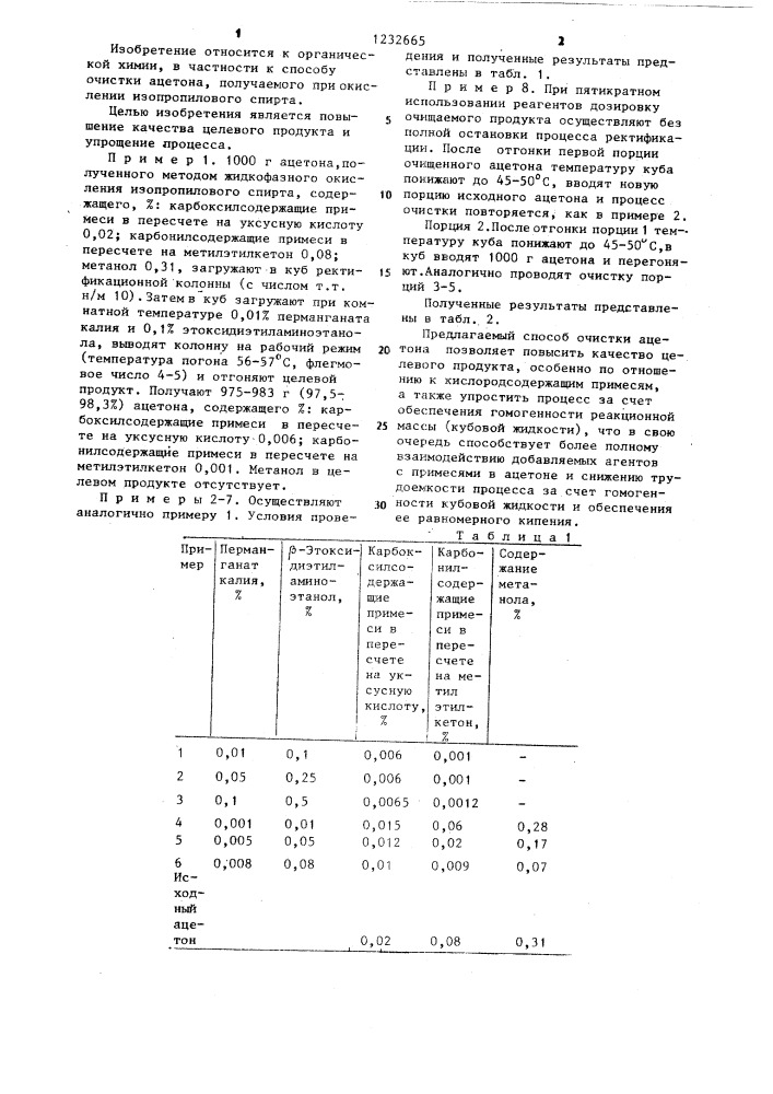 Способ очистки ацетона (патент 1232665)