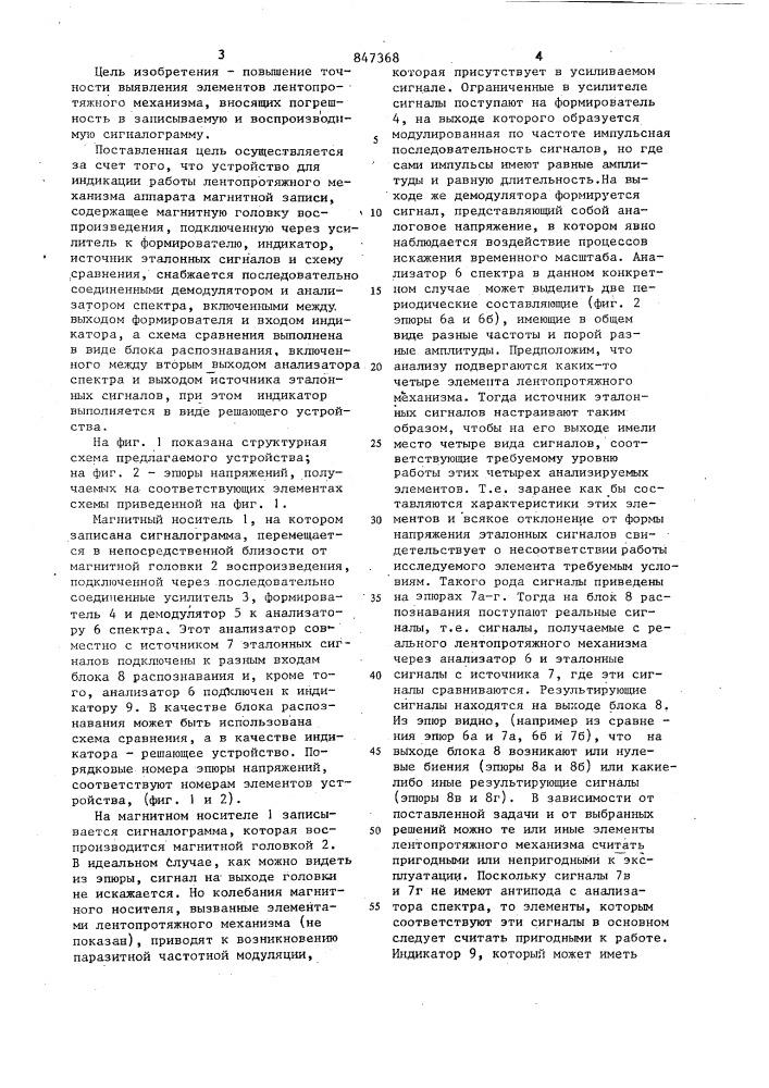 Устройство для индикации работы ленто-протяжного механизма аппарата магнитнойзаписи (патент 847368)