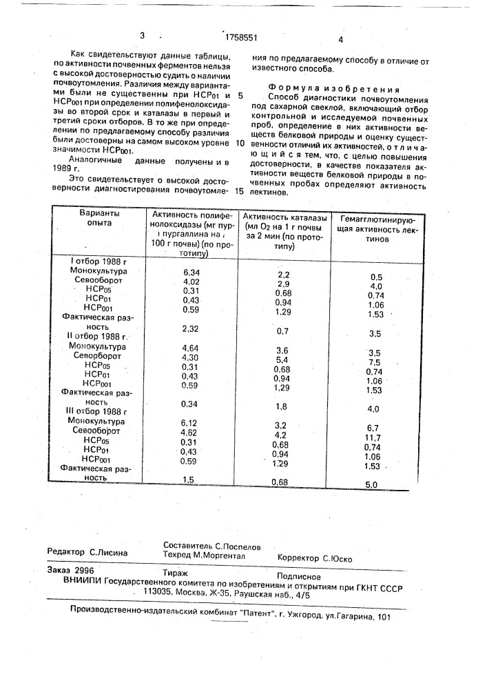 Способ диагностики почвоутомления под сахарной свеклой (патент 1758551)