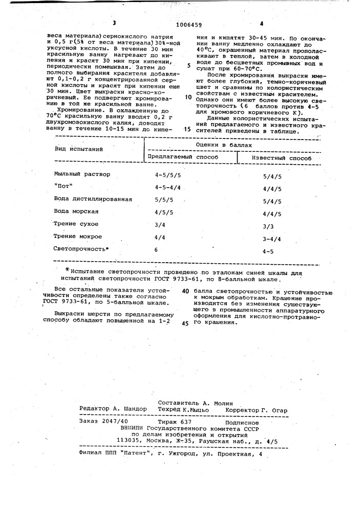 Способ протравного крашения шерсти в коричневый цвет (патент 1006459)