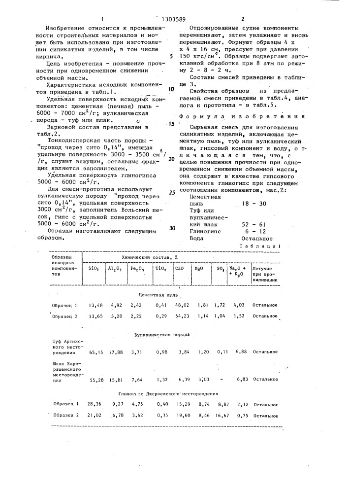 Сырьевая смесь для изготовления силикатных изделий (патент 1303589)