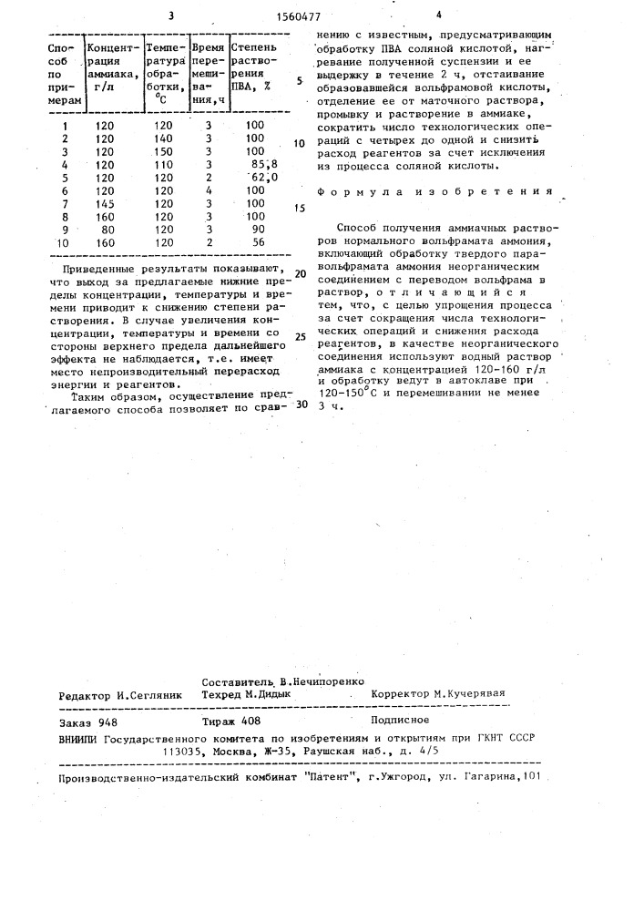 Способ получения аммиачных растворов нормального вольфрамата аммония (патент 1560477)