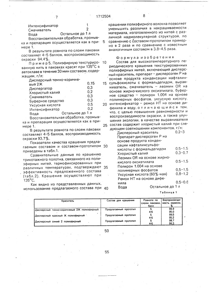 Состав для высокотемпературного периодического крашения текстурированных полиэфирных нитей (патент 1712504)