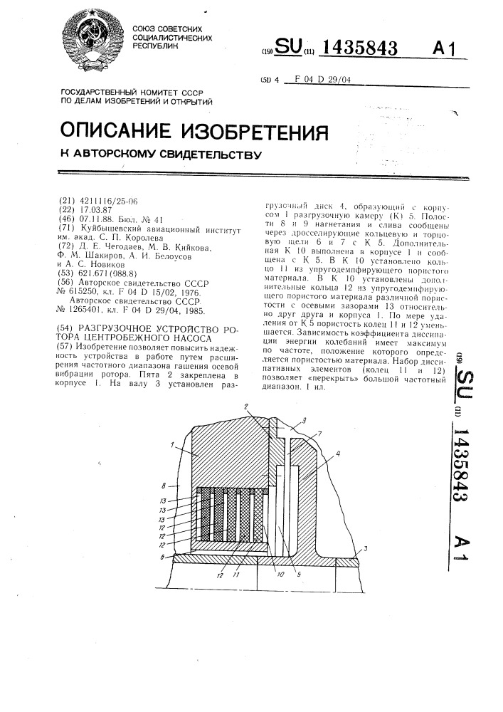 Разгрузочное устройство ротора центробежного насоса (патент 1435843)