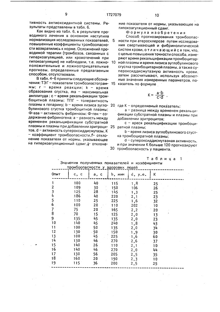 Способ прогнозирования тромбоопасности при атеросклерозе (патент 1727079)