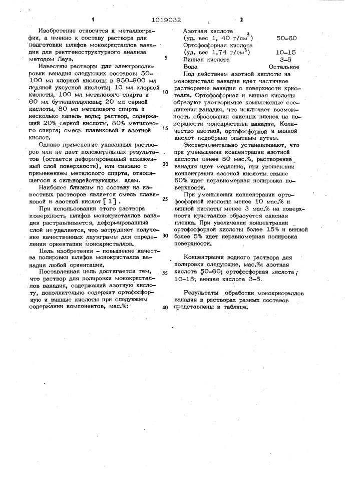 Раствор для полировки монокристаллов ванадия (патент 1019032)