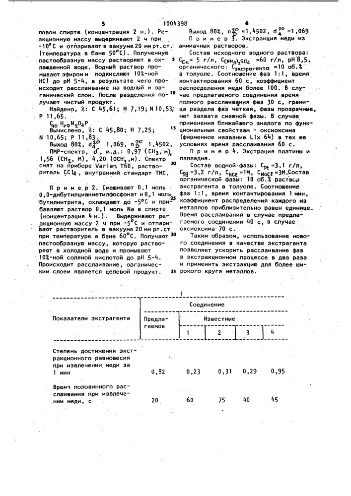 0,0-дибутилоксиминоцианметилфосфонат в качестве экстрагента переходных металлов и способ его получения (патент 1004398)