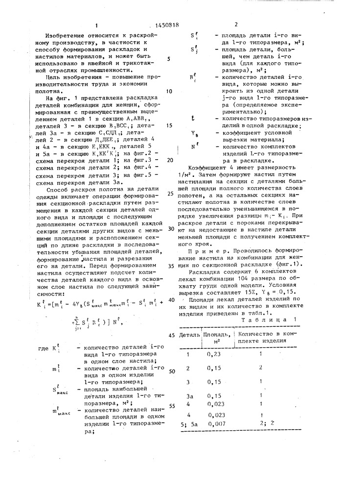 Способ раскроя полотна на детали одежды (патент 1450818)