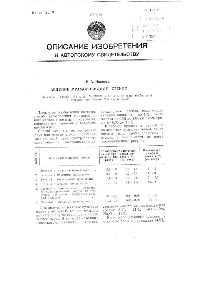 Зеленое мраморовидное стекло (патент 114794)