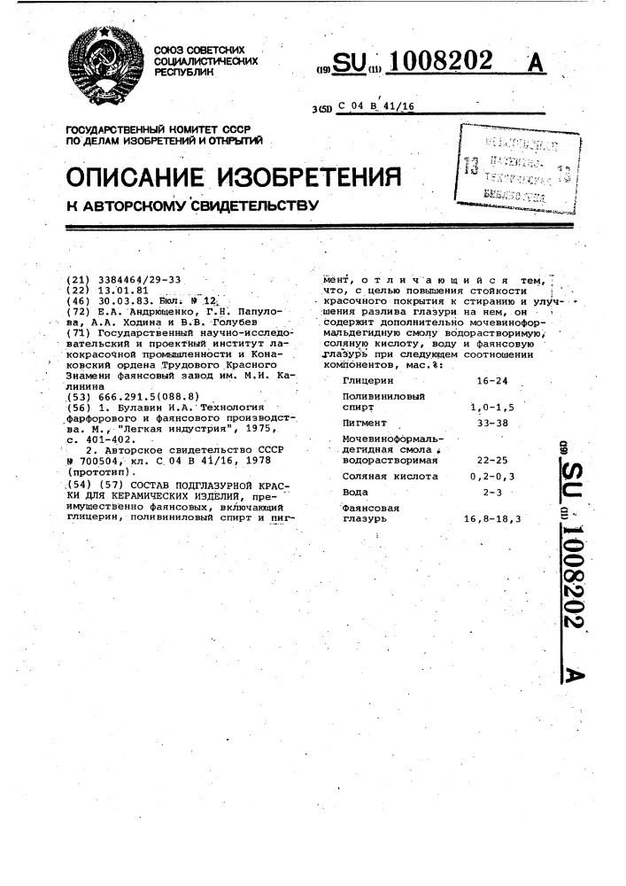 Состав подглазурной краски для керамических изделий (патент 1008202)