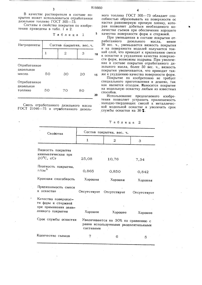 Разделительное покрытие длямодельной оснастки (патент 816660)