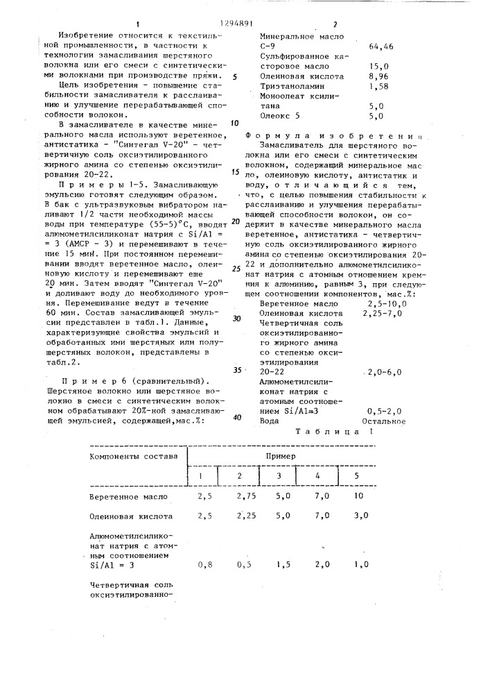 Замасливатель для шерстяного волокна и его смеси с синтетическим волокном (патент 1294891)