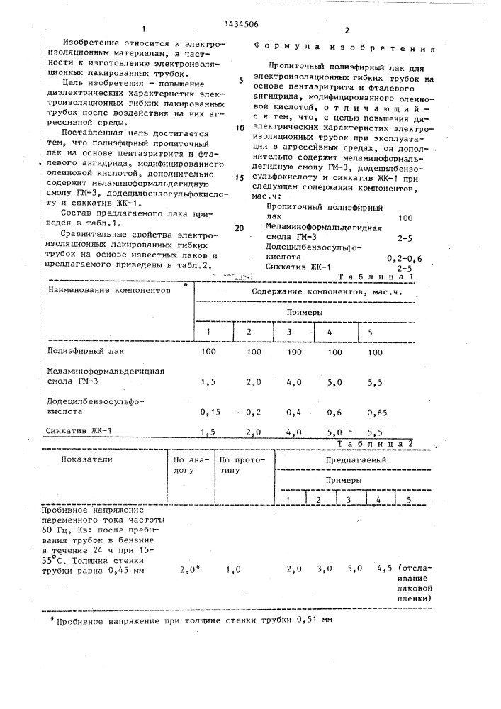 Пропиточный полиэфирный лак для электроизоляционных гибких трубок (патент 1434506)