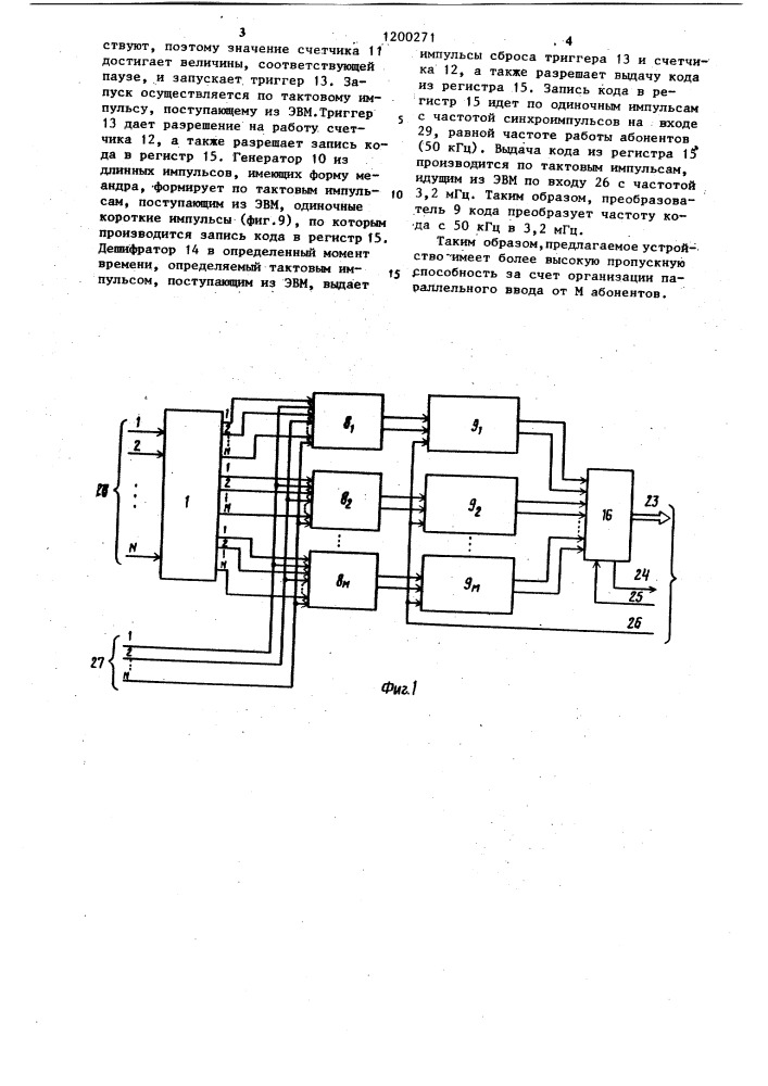 Устройство для сопряжения эвм с абонентами (патент 1200271)