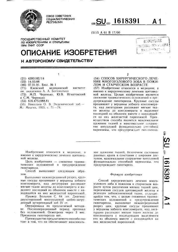 Способ хирургического лечения многоузлового зоба в пожилом и старческом возрасте (патент 1618391)