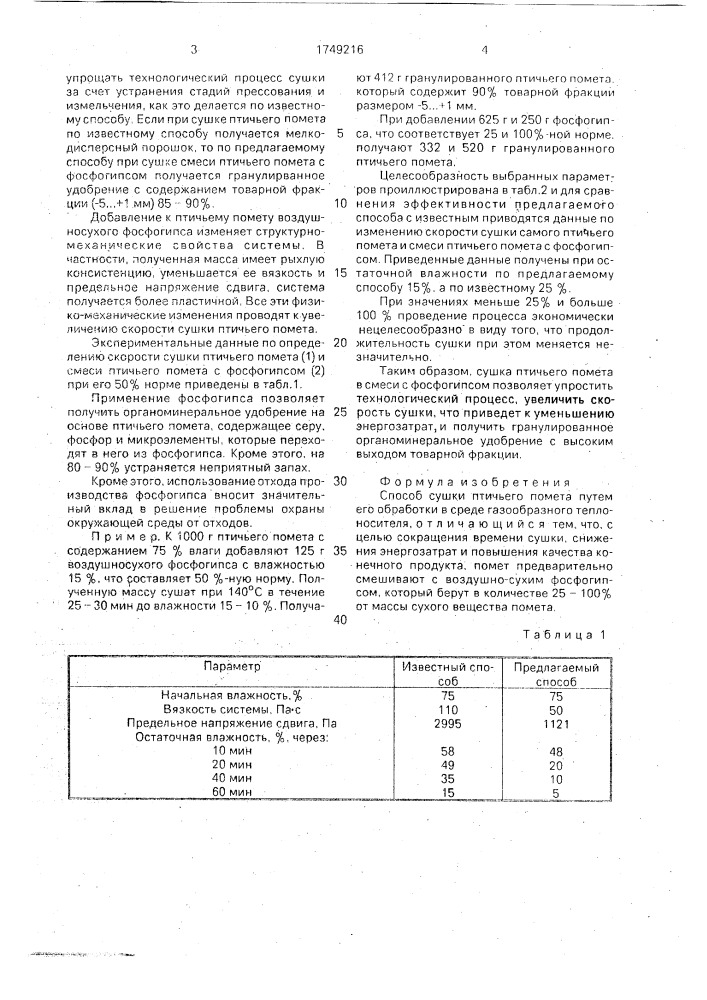 Способ сушки птичьего помета (патент 1749216)