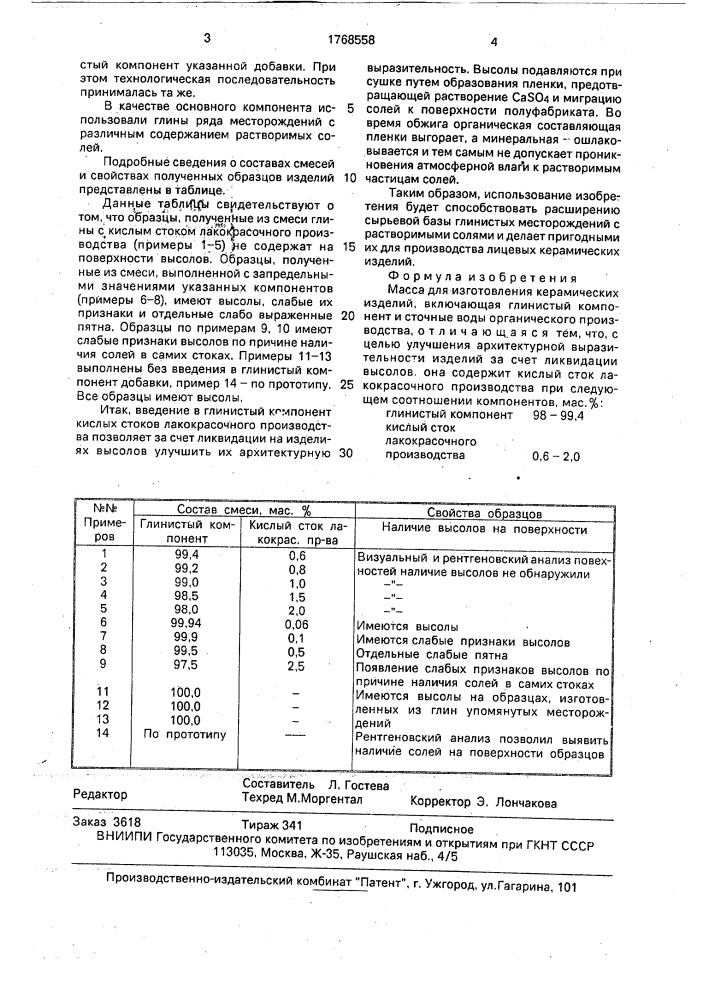 Масса для изготовления керамических изделий (патент 1768558)