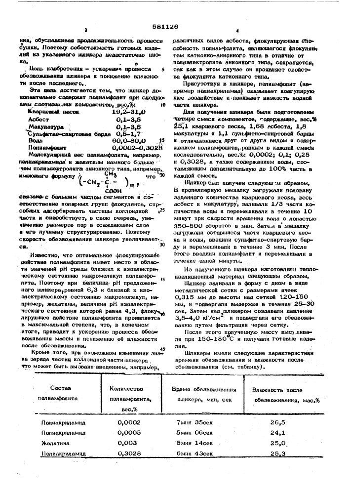 Шликер для изготовления теплоизоляционного материала (патент 581126)