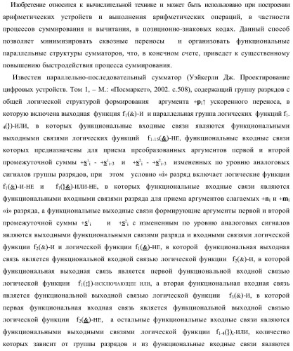Функциональная структура параллельного позиционно-знакового сумматора аргументов слагаемых двух форматов двоичной системы счисления f(2n) и позиционно-знаковой системы счисления f(+/-) (варианты) (патент 2390050)