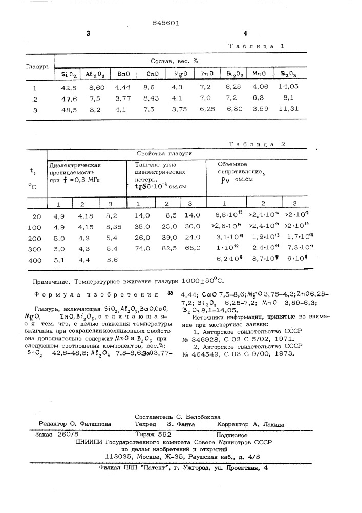 Глазурь (патент 545601)