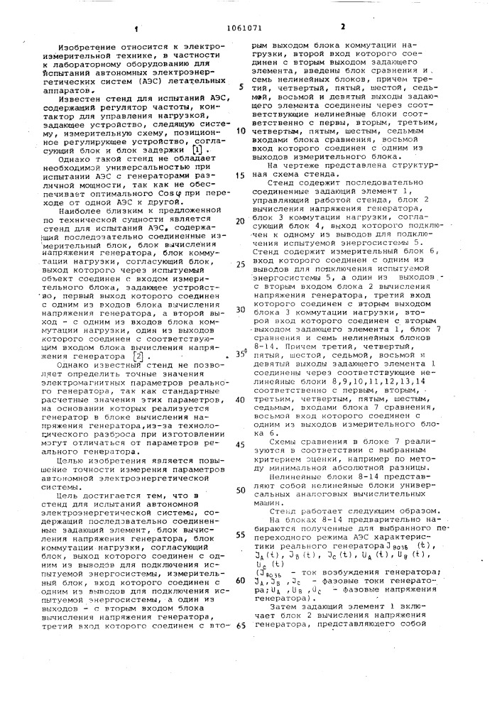 Стенд для испытаний автономной электроэнергетической системы (патент 1061071)
