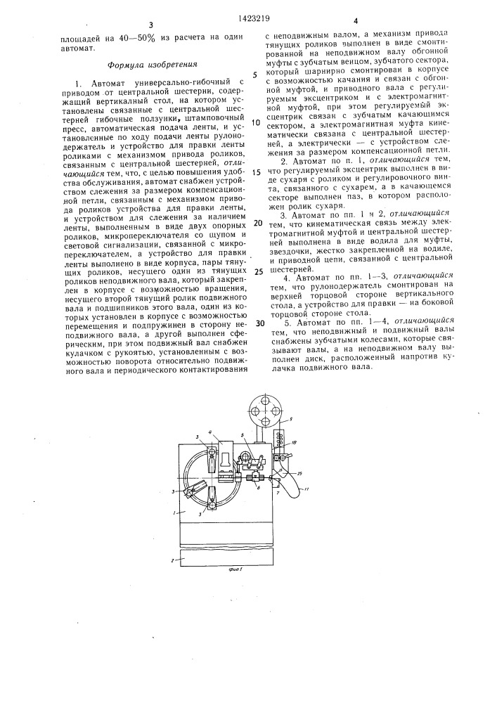 Автомат универсально-гибочный с приводом от центральной шестерни (патент 1423219)