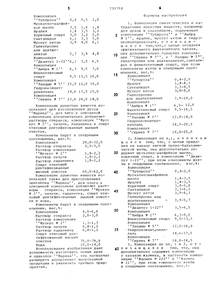 Композиция синтетических и натуральных душистых веществ (патент 730798)