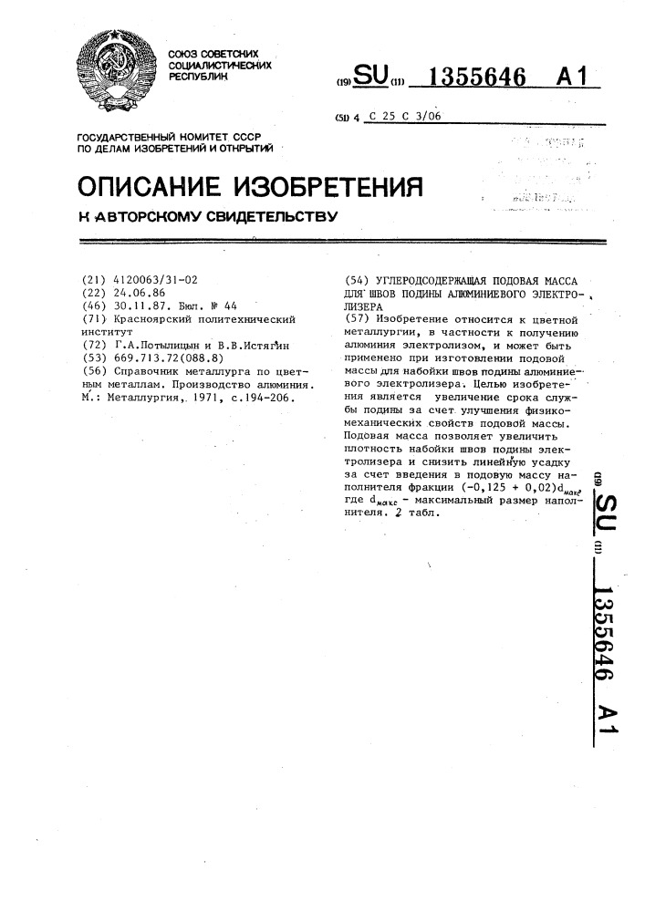 Углеродсодержащая подовая масса для швов подины алюминиевого электролизера (патент 1355646)