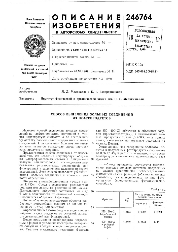 Способ выделения зольных соединений из нефтепродуктов (патент 246764)