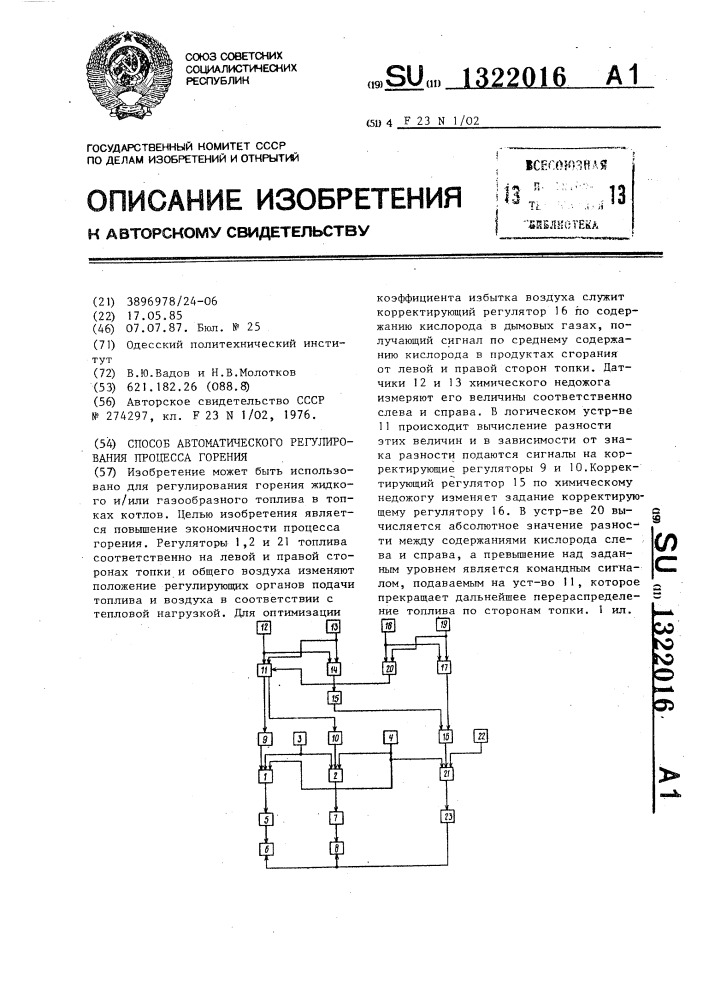 Способ автоматического регулирования процесса горения (патент 1322016)