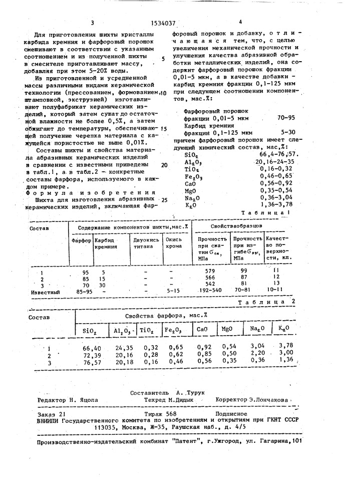 Шихта для изготовления абразивных керамических изделий (патент 1534037)