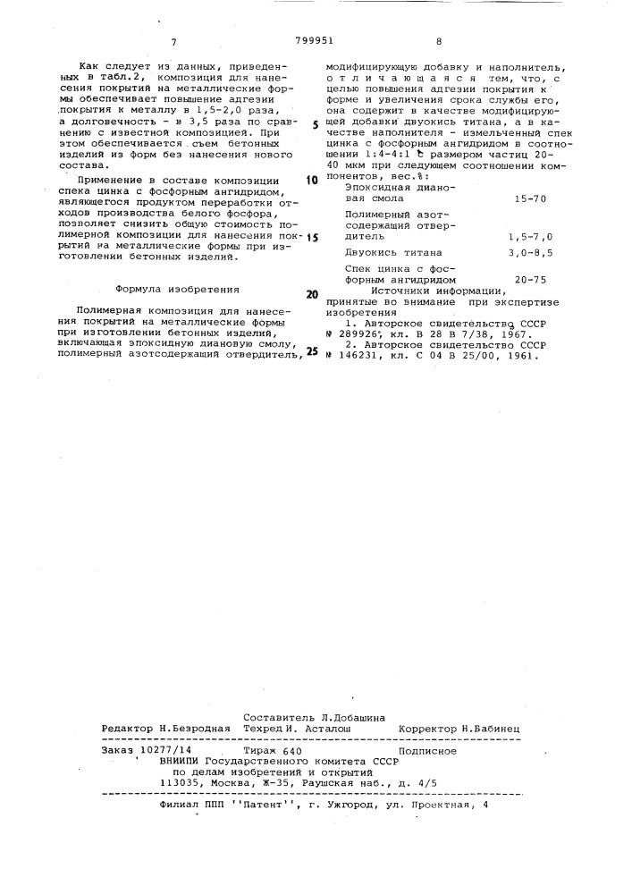 Полимерная композиция для нанесенияпокрытий ha металлические формы (патент 799951)