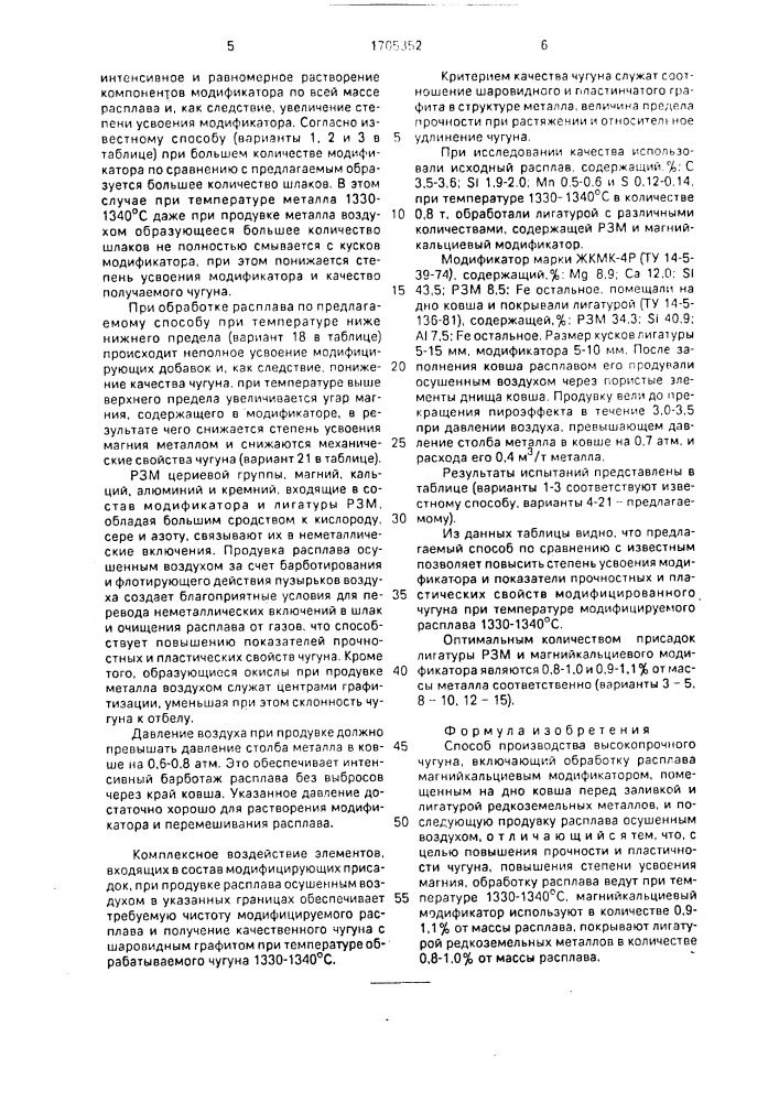 Способ производства высокопрочного чугуна (патент 1705352)