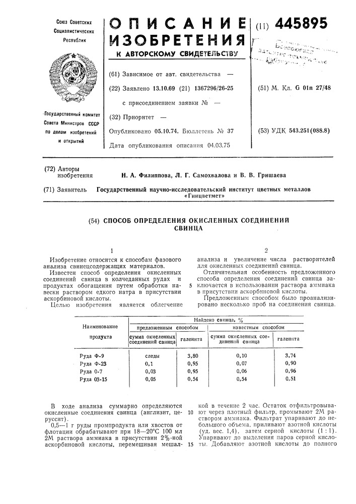 Способ определения окисленных соединений свинца (патент 445895)