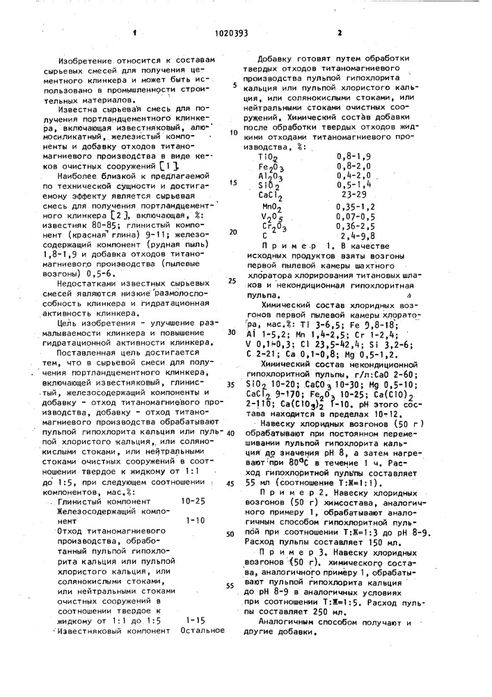 Сырьевая смесь для получения портландцементного клинкера (патент 1020393)
