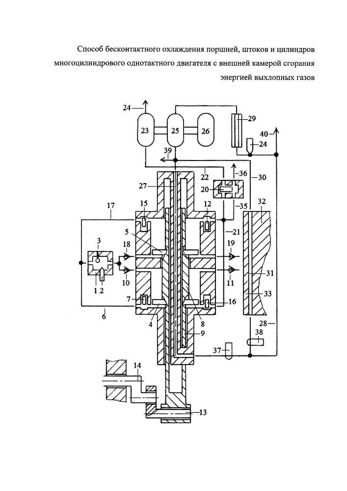 Способ бесконтактного охлаждения поршней, штоков и цилиндров многоцилиндрового однотактного двигателя с внешней камерой сгорания энергией выхлопных газов (патент 2625070)