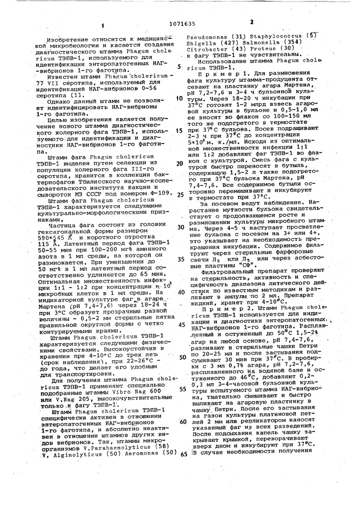 Штамм @ @ тэпв-1,используемый для идентификации и диагностики энтеропатогенных наг-вибрионов 1-го фаготипа (патент 1071635)