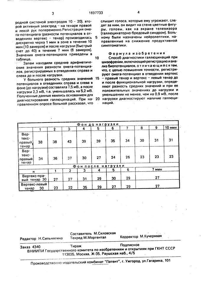 Способ диагностики галлюцинаций при шизофрении (патент 1697733)