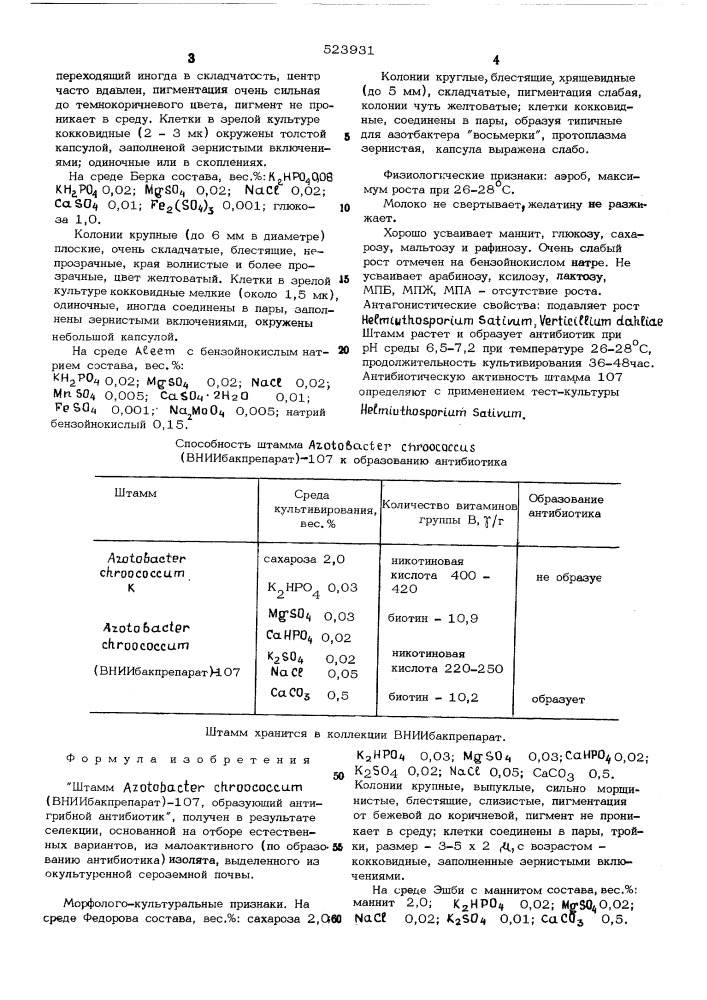 Штамм (вниибакпрепарат) 107,образующий антигрибной антибиотик (патент 523931)