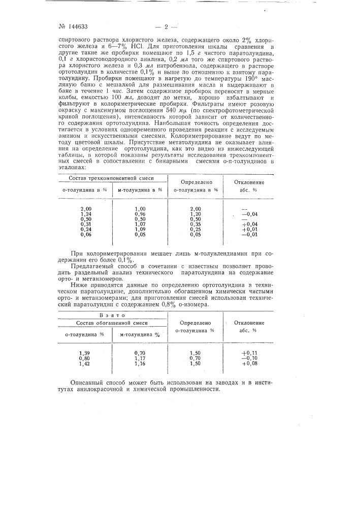 Способ колориметрического определения малых количеств ортотолуидина в техническом паратолуидине (патент 144633)